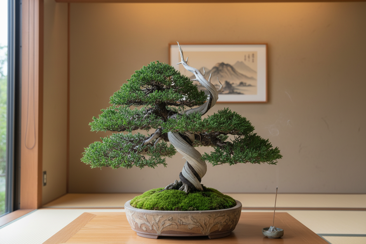 室内に置いて、鉢の中は砂じゃなく苔で