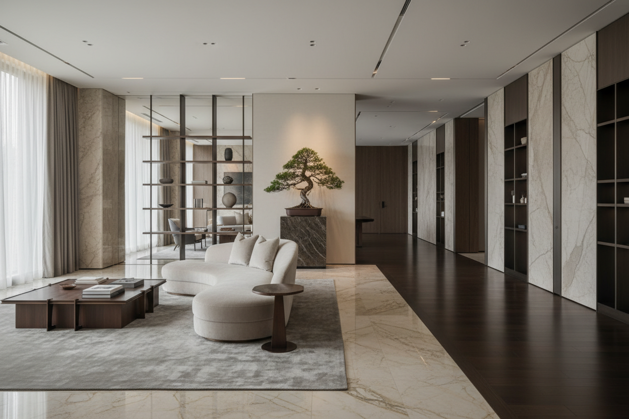 少し高級な空間に盆栽、盆栽は少し遠めに配置